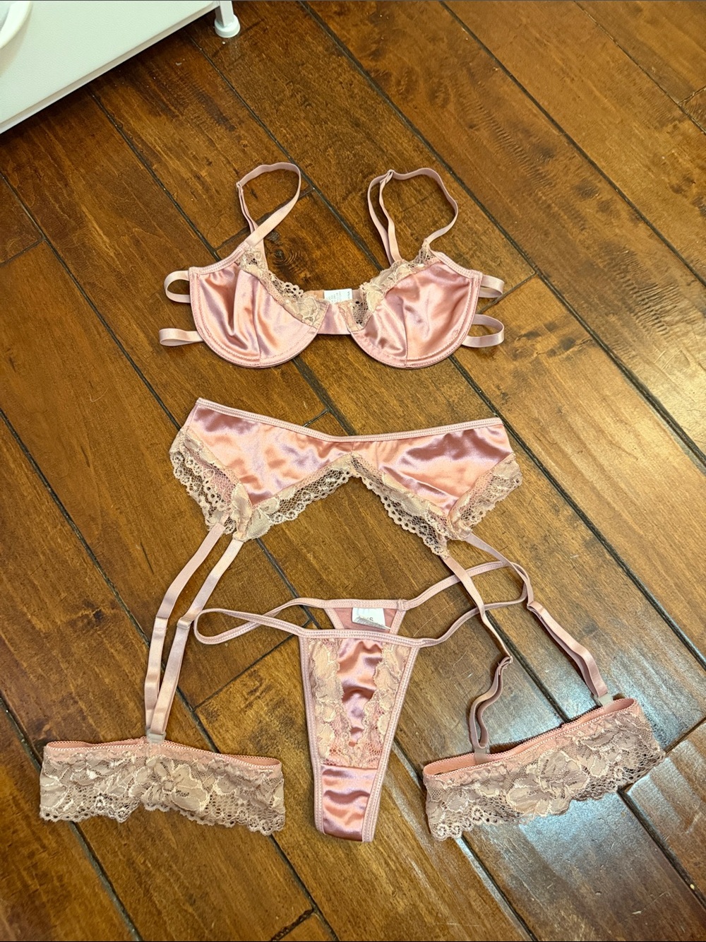 Satin Lace 3-Piece Lingerie Set - Blush Pink